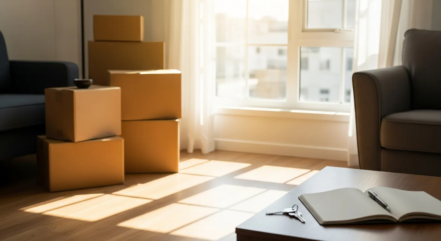 Plan technique de déménagement avec cartons et mètre ruban