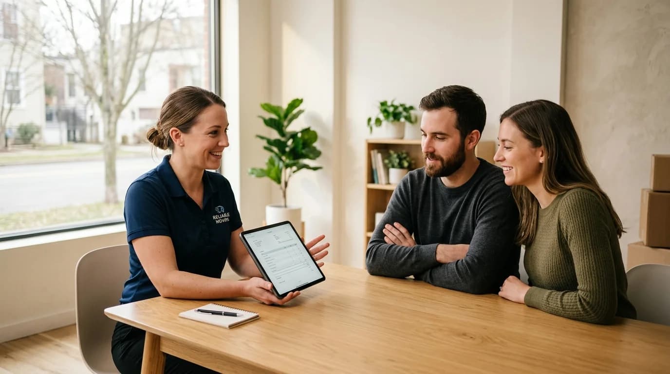 Conseillère Torrens présentant un devis de déménagement sur tablette à un couple